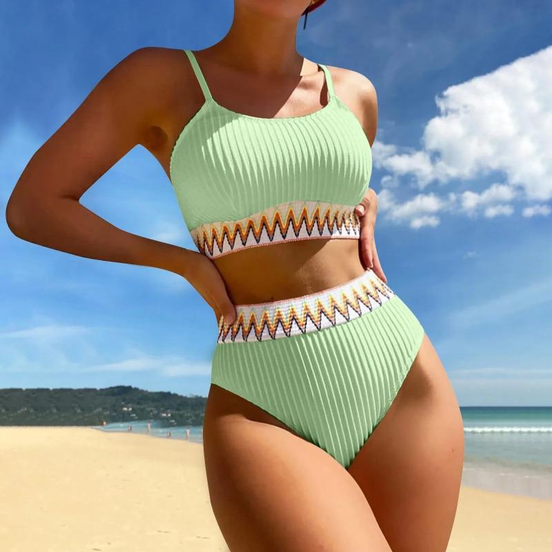 Women'S High Waist Bikini Set V Neck Two Piece Swimsuit Color Block Front Twisted Swimsuit