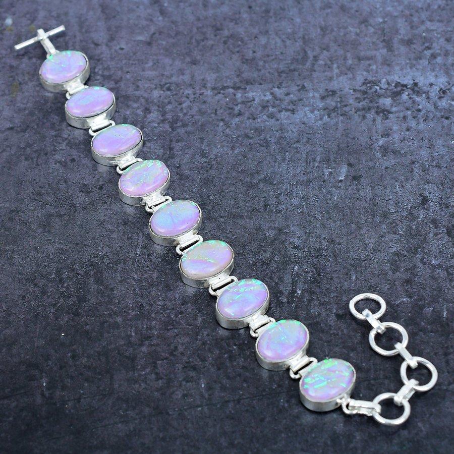 Natural Pink Triplet Opal Gemstone 925 Sterling Silver Bracelet 7-8" Q1T23