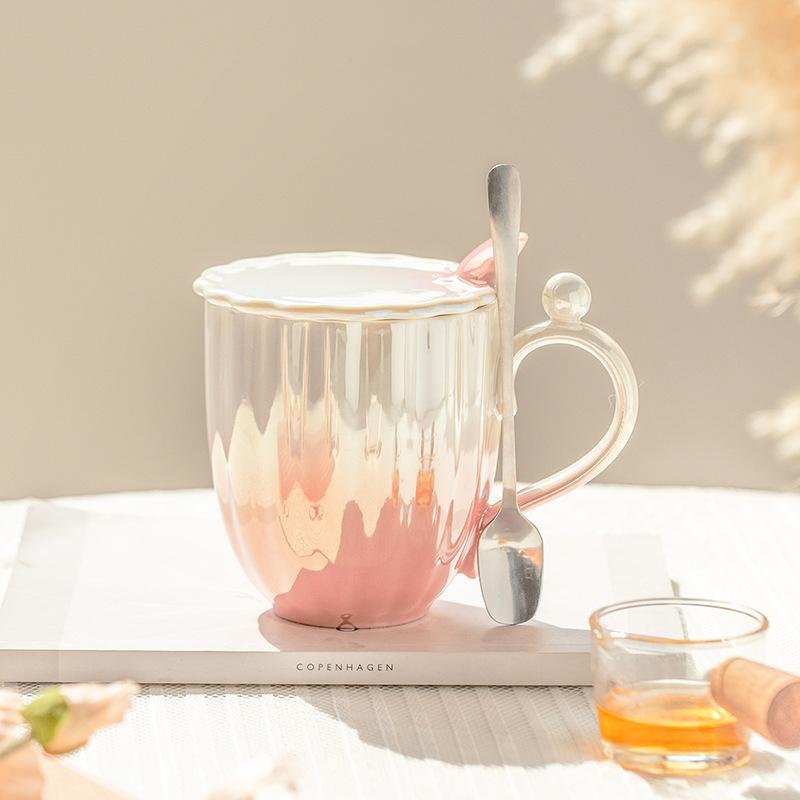 Cream Glue Shell Pearl Ceramic Cup With Lid Girls Water Cup Couple Household Coffee Cup Ceramic Cup