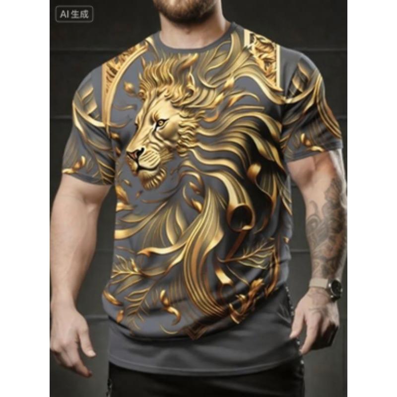 Men s Summer Golden Lion Print T-Shirt Casual Outdoor Short Sleeve Top 6XL