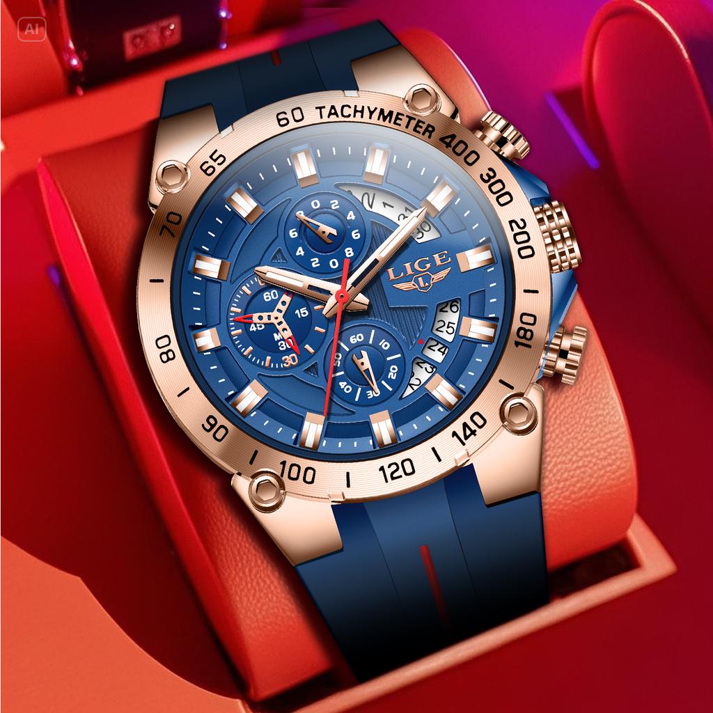 LIGE Luxury Military Men Watch Waterproof Luminous Date Sport Man Wristwatch Chronograph Silicone Strap Quartz Men's Watches+Box
