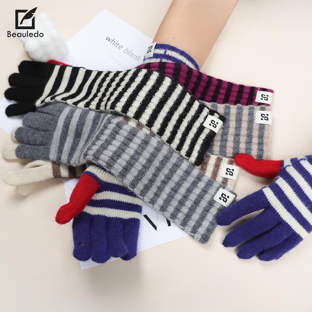 Koreanische Version von Strickhandschuhen mit verlängertem Farbblockdesign für Damen, Streifen, Retro, vielseitig, Herbst und Winter, Outdoor, warm, Fingerwollhandschuhe für Herren