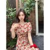 French retro red V-neck floral dress women's summer new temperament age-reducing foreign style waist and thin dress