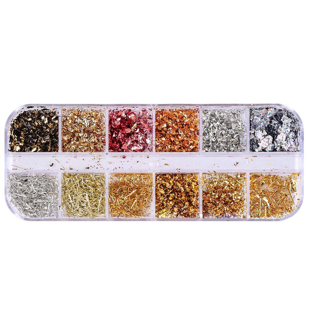 Holographic Nail Glitters Sequins 12 Grids Nail Art Flakes Nail Glitter Gold Foils  DIY Manicure