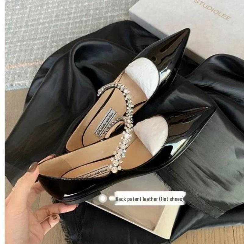 Spring 2025 Fairy Style Rhinestone Chain Mary Jane Flats - Patent Leather, Pointed Toe, Korean Soft Sole