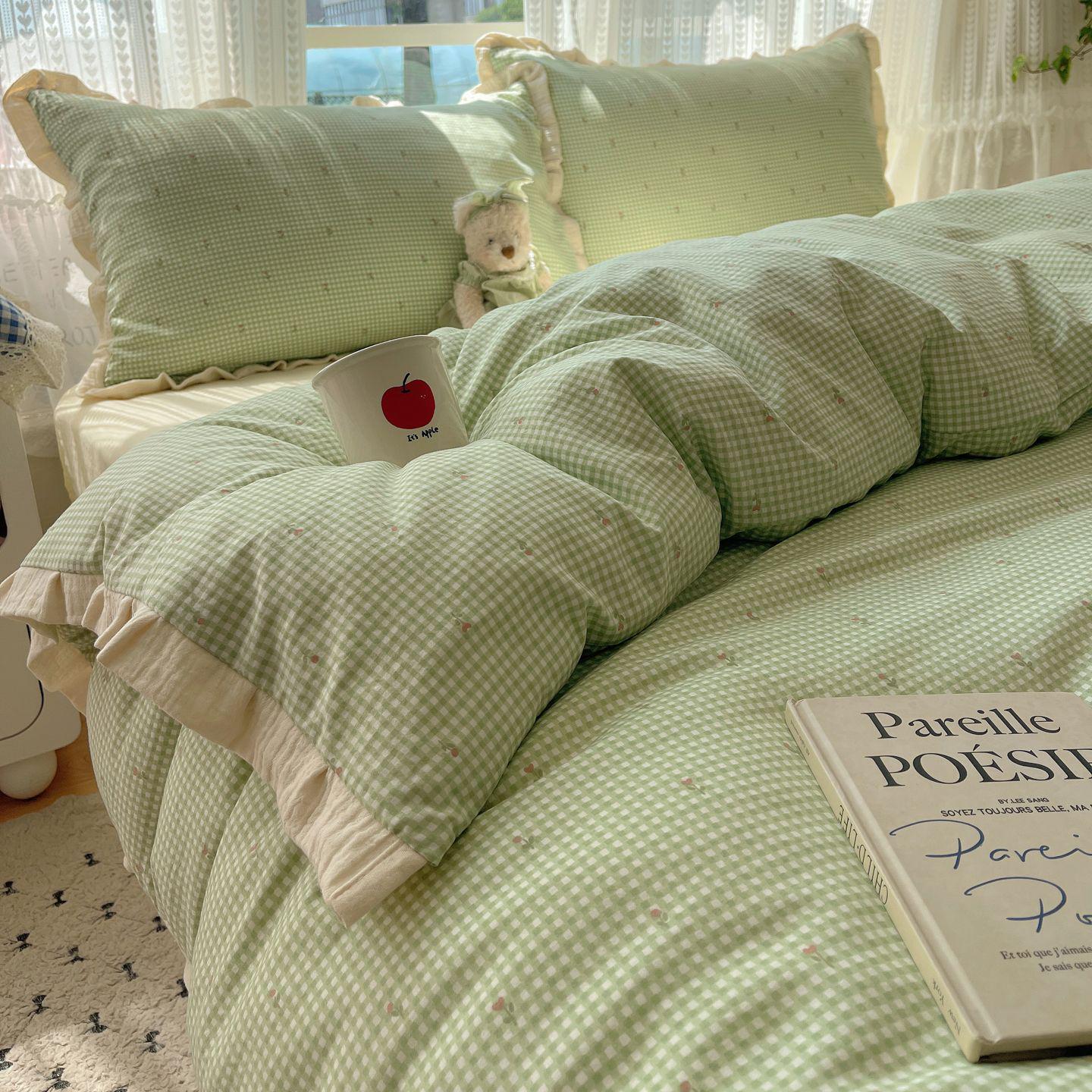 

G5Z Ruffle Edge Washed Cotton 4-Piece Duvet Cover Set - Super Soft for Dorms & All Seasons 0.9m Flat Three-Piece Set - Duvet 150x200cm