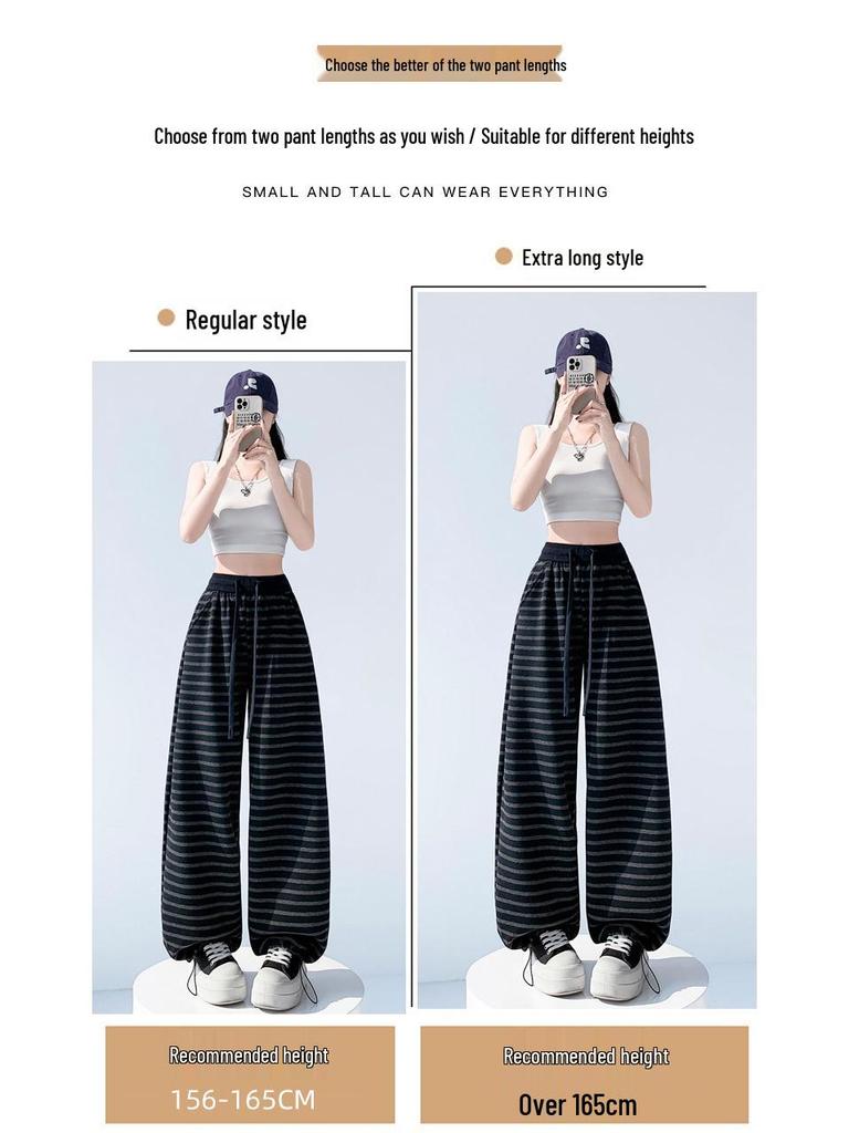 Women’s Spring Striped High-Waisted Wide-Leg Drawstring Pants - Casual Color Block, Loose, Slimming, Two-Wear Style.
