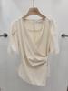 New French Style Irregular V-Neck Pleated Short-Sleeve Women's Shirt for Summer 2026.