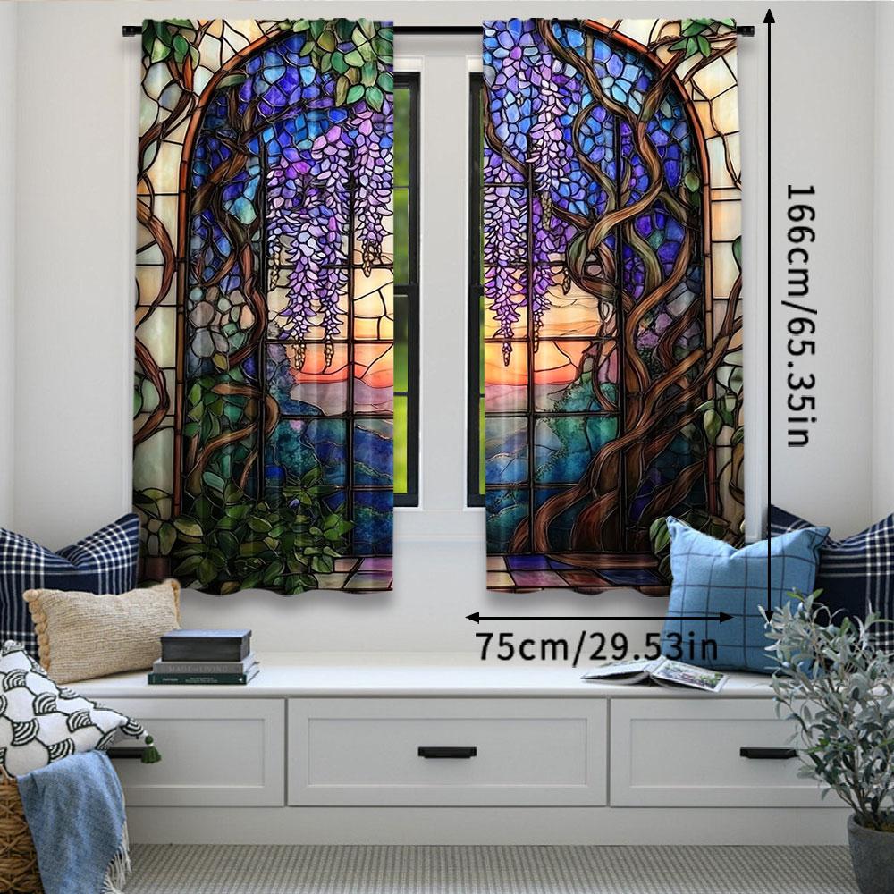 Set Of 2 Vibrant Stained Glass Wisteria Flower Printed Curtains Beautiful Home Decor Bedroom Bathroom Living Room Dining Curtain For Area Made
