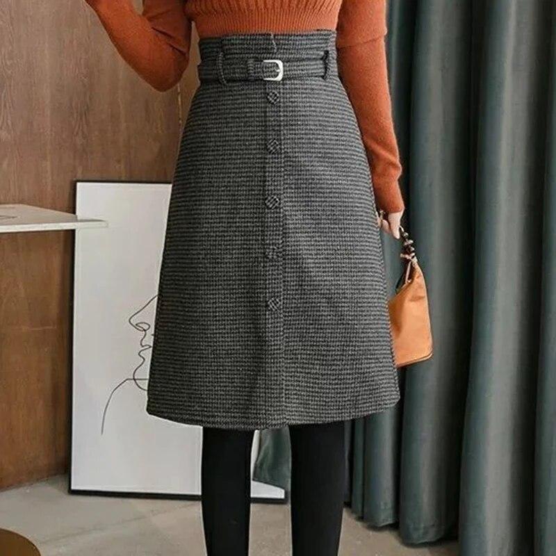 

Qooth женская винтажная клетчатая шерстяная юбка-карандаш элегантная юбка с высокой талией в ломаную клетку на осень-зиму QT2301 XXL чёрный