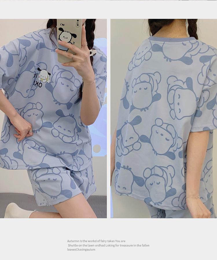 Damen 2024 Sommer Pyjama Set: Kurzärmeliges Oberteil mit Rundhalsausschnitt und lockerer Passform und Shorts