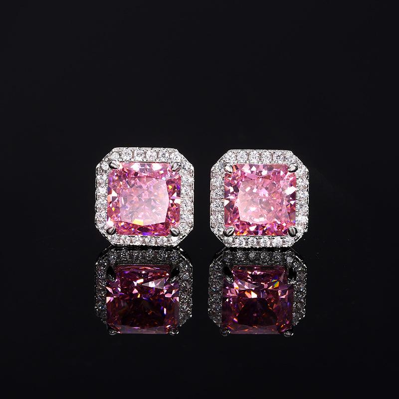 Jewelry High Carbon Diamond Ice Flower Cut Copper Inlaid Square Diamond Stud Earrings Main Stone 8 * 8