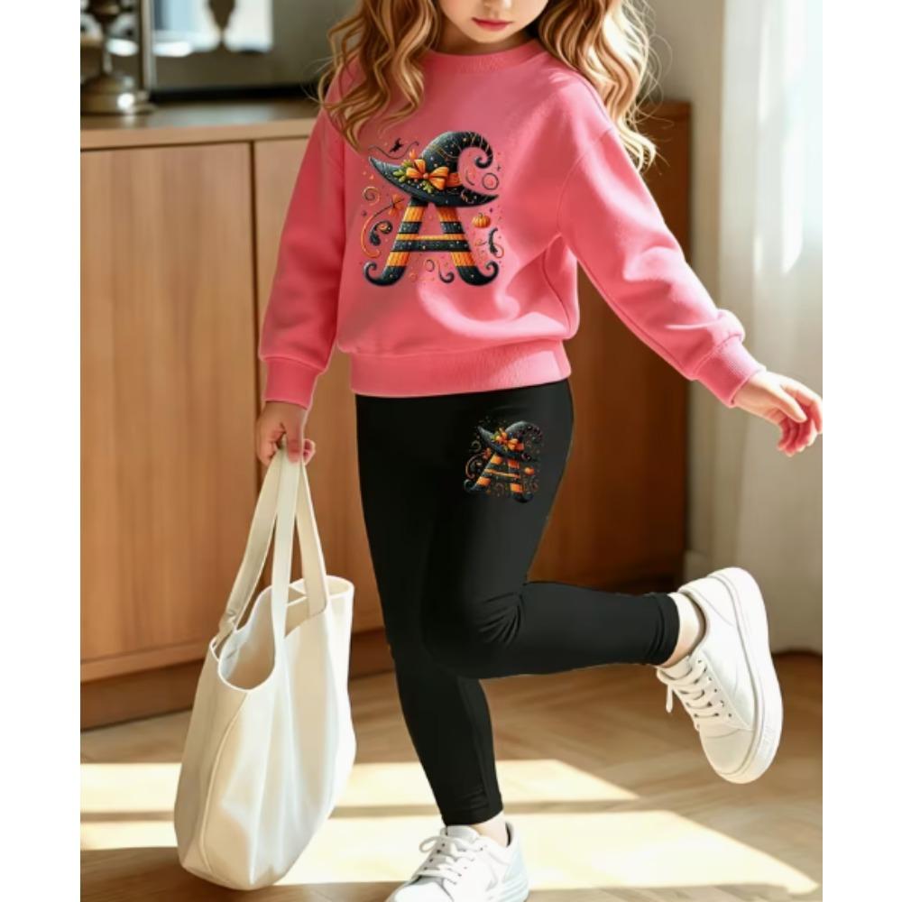 Girls' Halloween Witch Casual Comfortable Soft Loose Pullover Sweatshirt and Leggings 2-Piece Set, New Autumn/Winter, Playful, Sweet and Cool Style