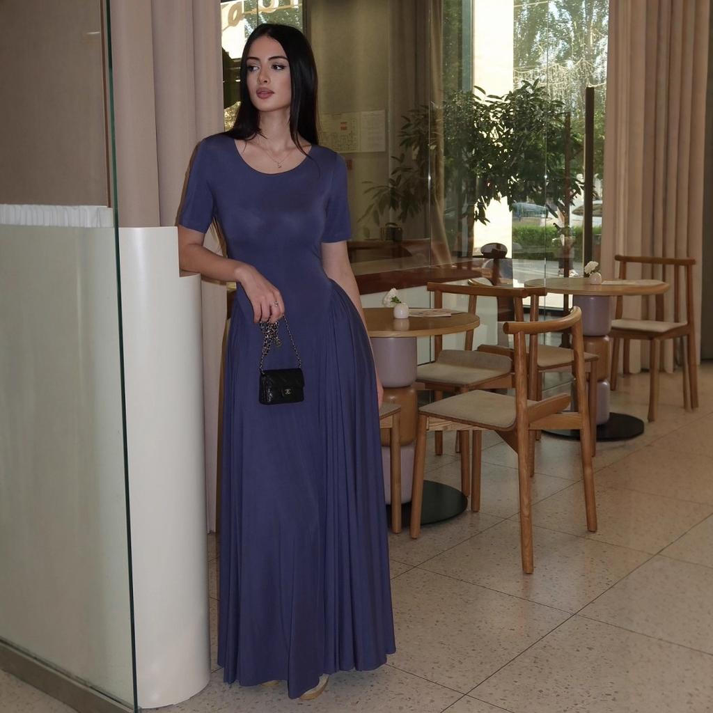 European and American women's clothing summer new fashion slim and thin round neck short-sleeved pleated pendulum long dress