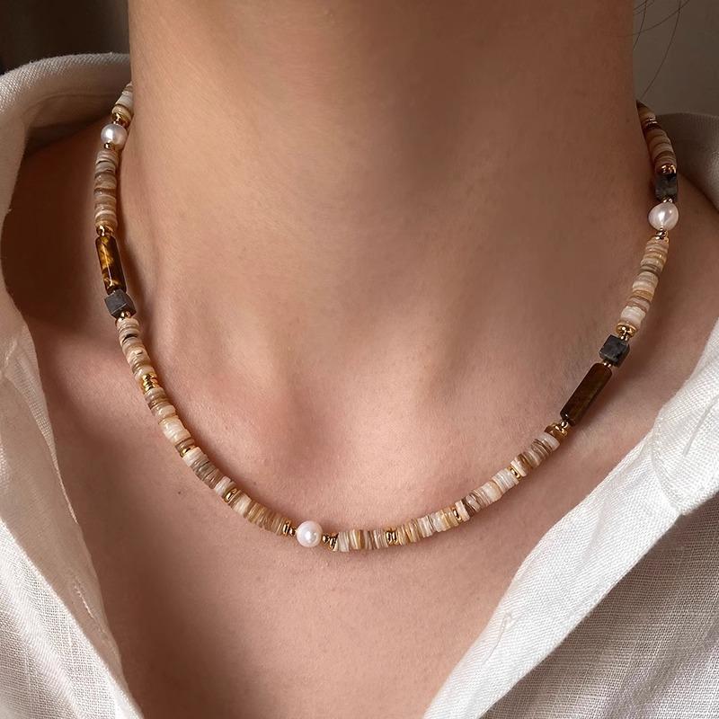 Handmade Natural Tiger Eye Red Agate Shell Freshwater Pearl Beaded Necklace Women Choker Strand