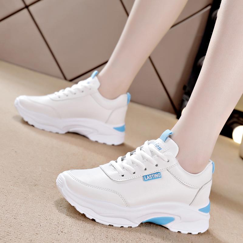Women PU Leather Chunky Shoes Woman Platform Height Increased Sneakers 4CM Thick Sole Wedges White Casual Comfortable Vulcanized