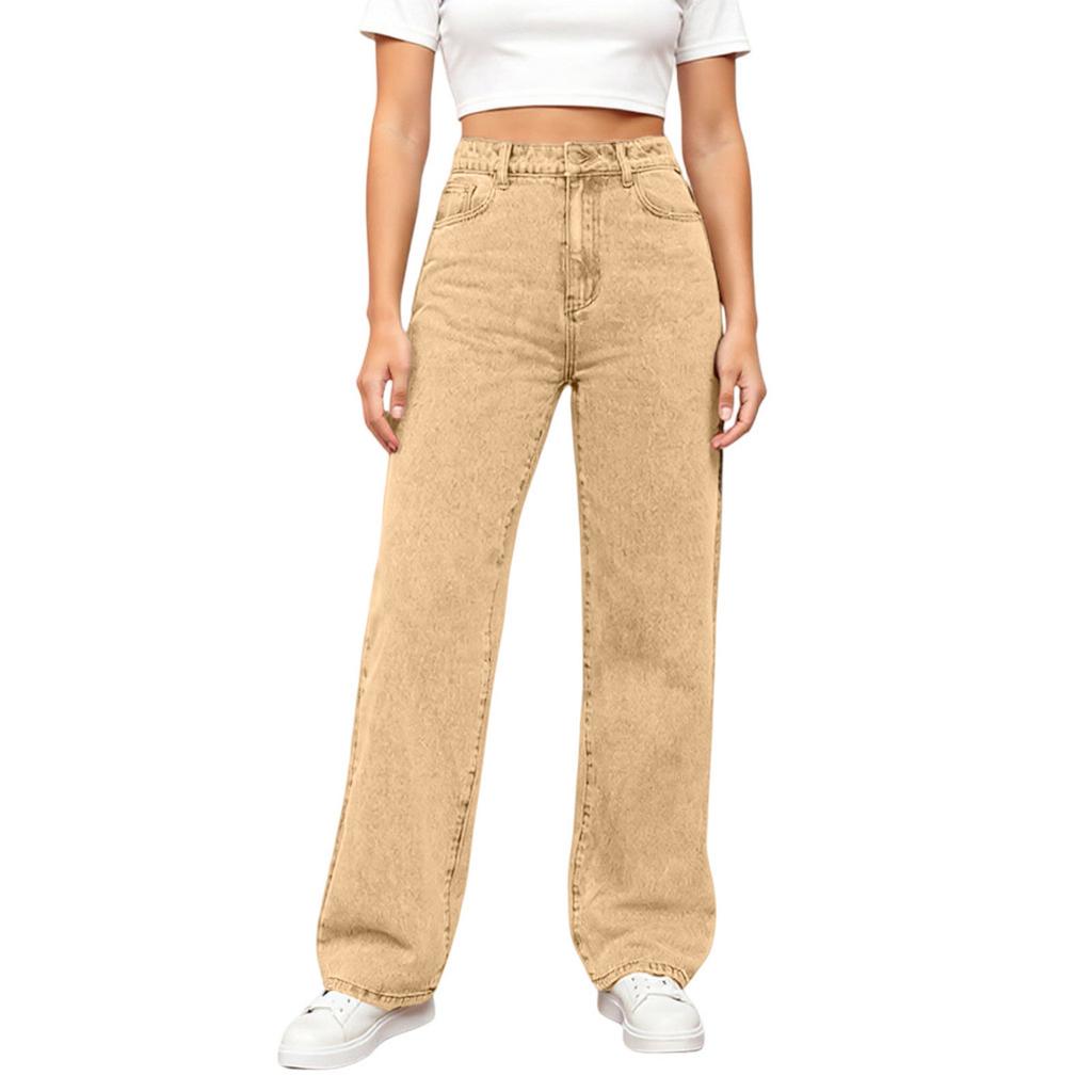 Dámské seprané dámské džíny s vysokým pasem Módní všestranné kalhoty s rovnými nohavicemi