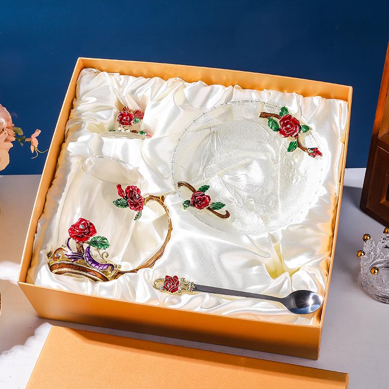 Colored Enamel Flower Glass Tea and Coffee Cup Set for Home and Office