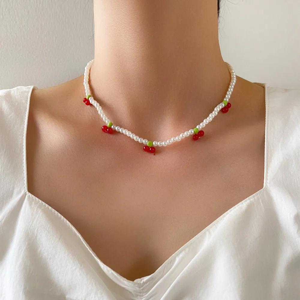 Dolce Moda Collana con Perle Finte e Ciliegie a Perline Catena Clavicola per Donne Squisita Gioielleria da Matrimonio Sposa Accessori Regali
