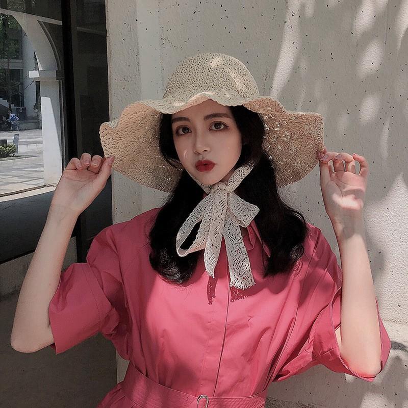 Womens Wide Brim Straw Hat With Lace Trim Ties Breathable Sun Beach Travel