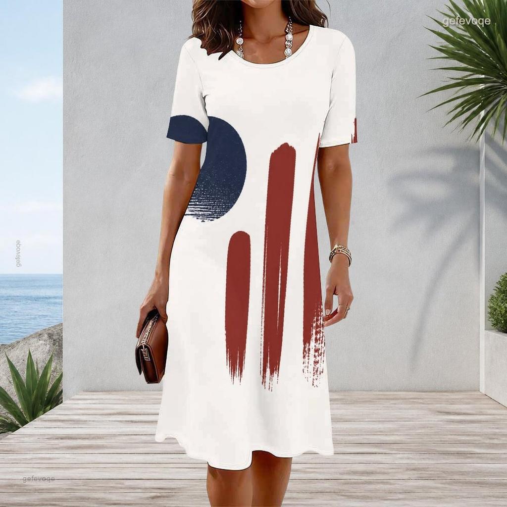 Women Plus Size Round Neck Short Sleeve American Flag Printed White A Line Dress