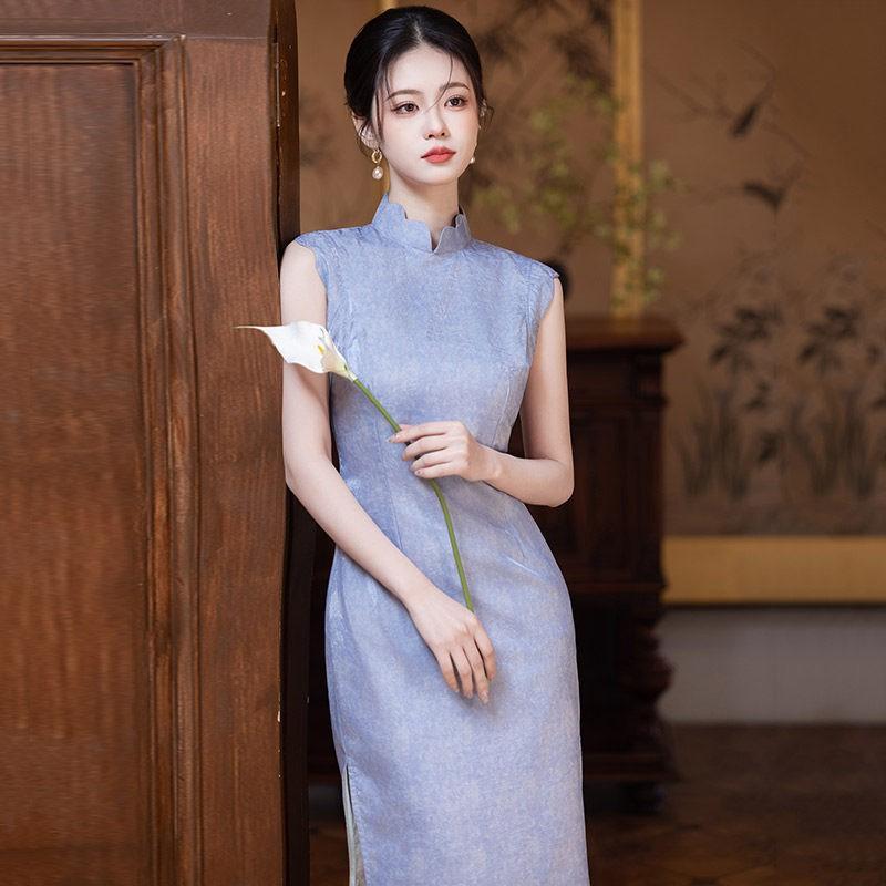 Blue Lilac Vintage-Inspired Sleeveless Long Cheongsam Dress Women 2026 Modern Chinese Style Small