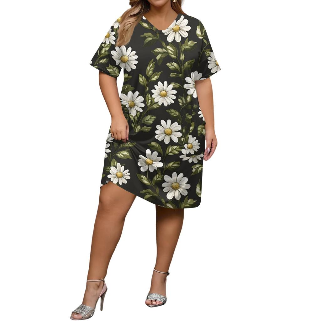 Vestido Casual de Verano Talla Grande con Cuello en V, Manga Corta, Bolsillo en la Rodilla, Estampado, para Mujer
