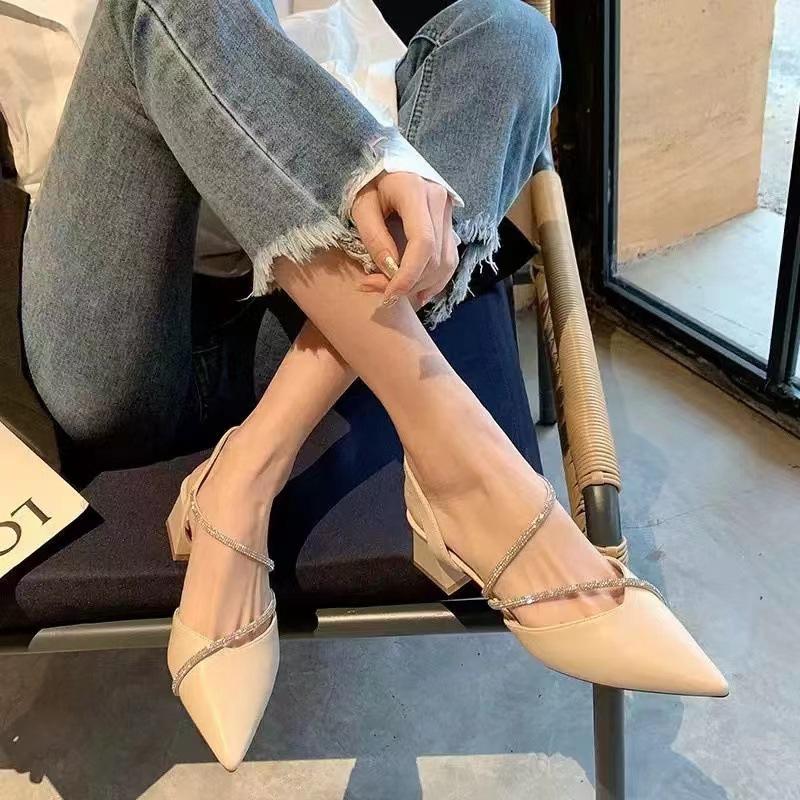 Pointed rhinestone sandals women's summer French thick heel high heels retro single shoes femininity spring