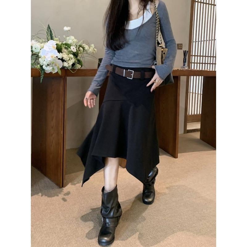Стиль Горячей Девушки Неправильная Шерстяная Юбка Женская Осенняя С Высокой Талией Облегающая Однотонная Свободная Универсальная Средняя Юбка S чёрный