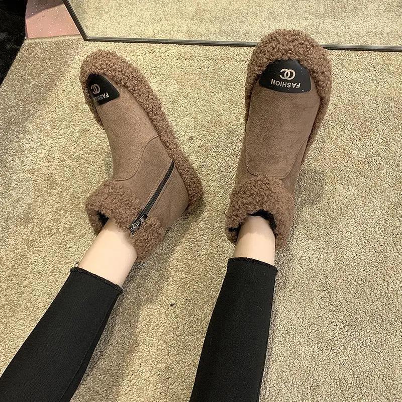 2025 winter new warm velvet cotton shoes women's flat short boots shoes non-slip snow boots women's curly wool shoes