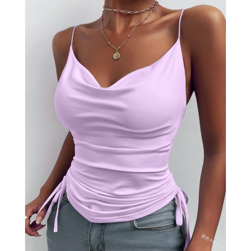 Summer Women Inner Tank Top Solid Color Deep V Neck Casual Tank Top with Thick Drawstring