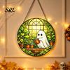 Horror Party Atmosphere Supplies Retro Halloween Pendant, Ghost/Bat/Spider Web/Pumpkin Head Print, Acrylic Disc Wall Decor Vintage Hanging Ornament