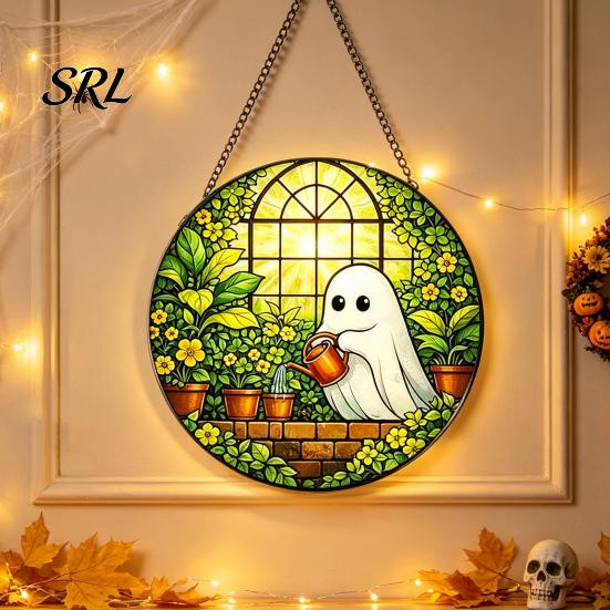 Horror Party Atmosphere Supplies Retro Halloween Pendant, Ghost/Bat/Spider Web/Pumpkin Head Print, Acrylic Disc Wall Decor Vintage Hanging Ornament