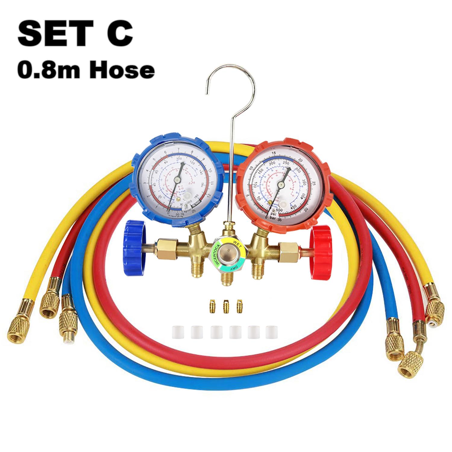 R410A R22 R134a R404A Manifold Gauge Set HVAC A/C Refrigeration Charging Service with Hoses Adjustable Couplers Adapter Can Tap