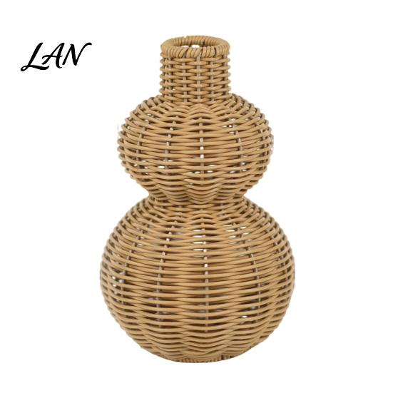 Decorative Aesthetic Vase Boho Gourd Shaped Woven Vase, Farmhouse Rattan Flower Holder, Rustic Bohemian Tabletop Planter for Dried Flowers And коричневый