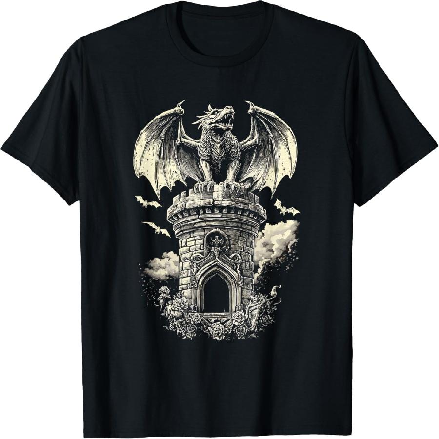 

Dragon on Tower with Bats - Gothic T-Shirt XXXXXL чорний