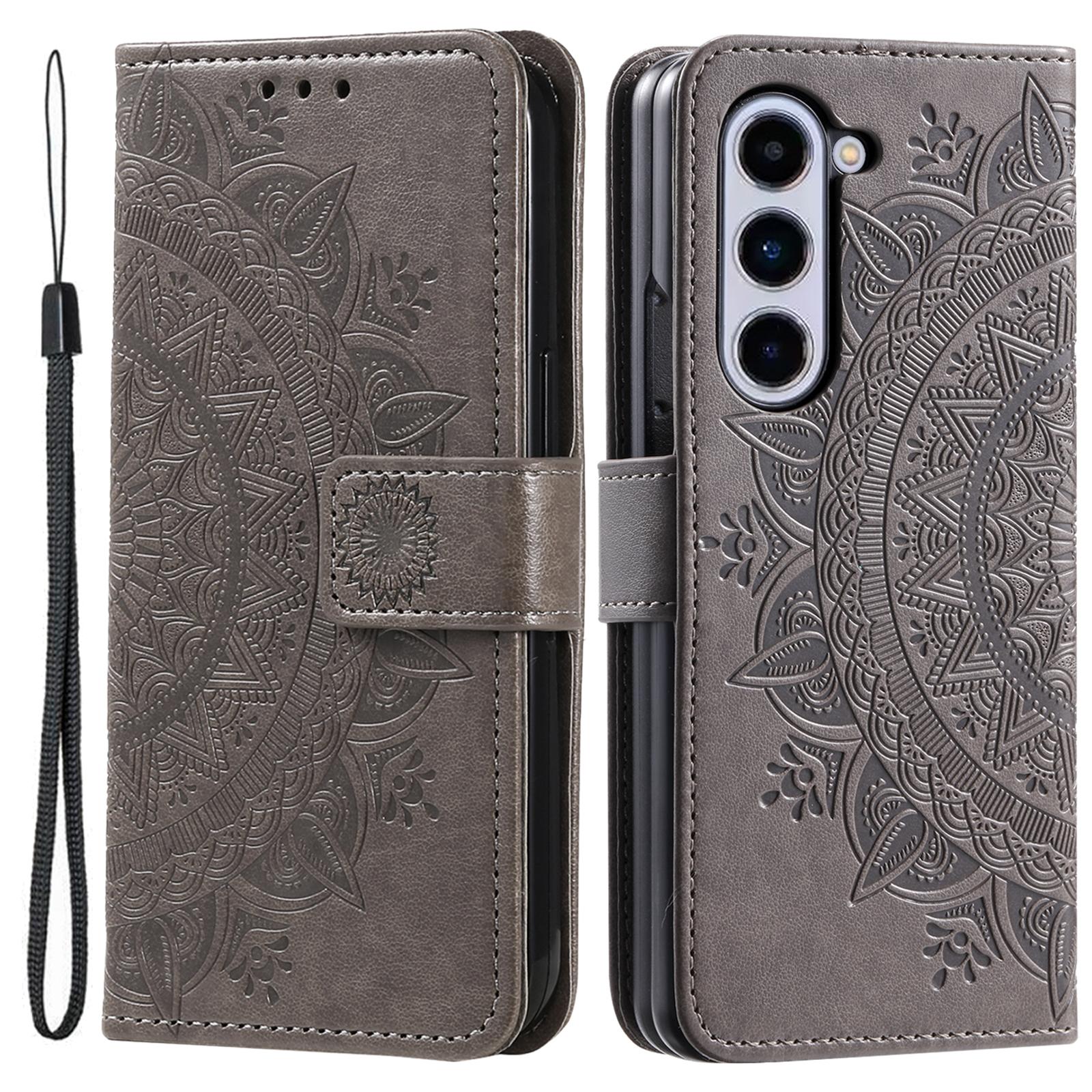 

For Samsung Galaxy Z Fold5 5G Leather Wallet Case Mandala Flower Imprinted Phone Stand Cover with Strap Grey