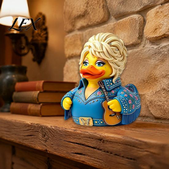 Plastová soška kachny pro domácí dekoraci Parton Memorial Duck, figurka Dolly, soška country hudby, ručně malovaná figurka hudebníka s kytarou, dekorativní