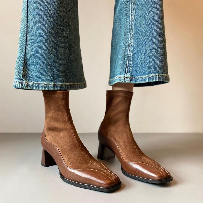 Fashion Elegant Square Toe Solid Pu Black Chelsea Boots Women 2025 Autumn French Retro High Heel Ankle Boots Retro Brown Suede Booties