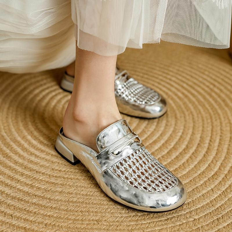 Fashion NEW Summer Women Mules Genuine Leather Shoes for Women Round Toe Low Heel Shoes Cover Toe Slingback Sandals Fabric Weave Shoes