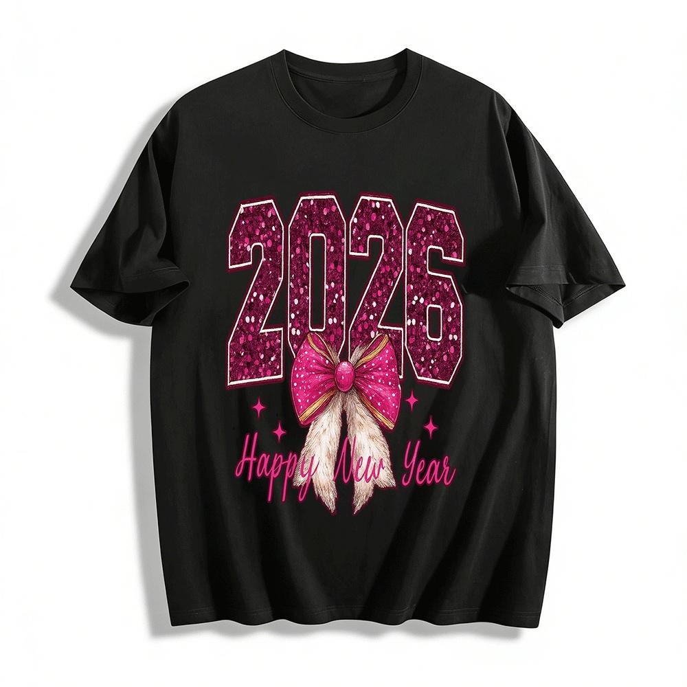 2026 Happy New Year Glitter Bow Print Casual Versatile Top Pure cotton T-shirt XXS