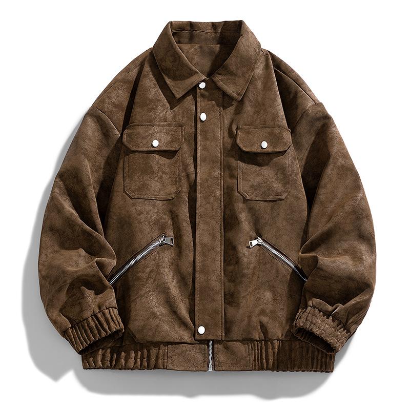 Autumn Maillard retro leather jacket men's loose casual ruffian handsome flight jacket gray black loose casual retro