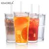 KEMORELA 20 Oz Ribbed Glass Tumblers with Lids and Straws 2/4-Piece Glassware Set for Iced Coffee Smoothies Cocktails and Juices