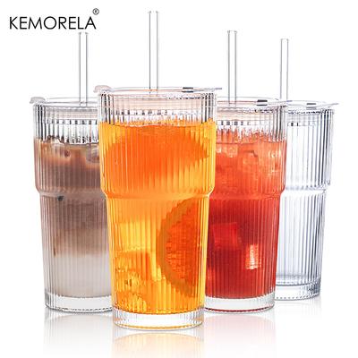 KEMORELA Gobelets en Verre Côtelé 20 oz avec Couvercles et Pailles Ensemble de Verrerie 2/4 Pièces pour Café Glacé Smoothies Cocktails et Jus