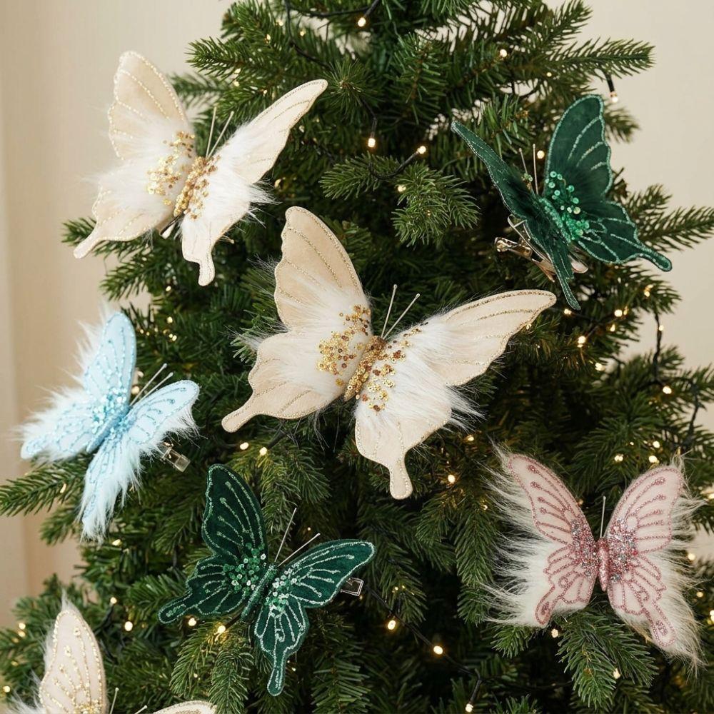 Clip-On Christmas Butterfly Ornaments Flocking Finish Xmas Butterfly Clip Decor Holiday Party