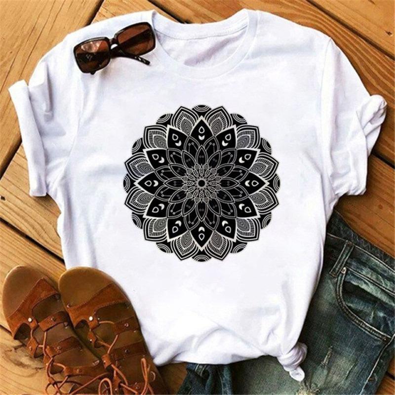 New Mandala Printed T-shirt for Women's Casual Fashion T-shirt Loose Short Sleeve Girl Aesthetic Black T-shirt Top