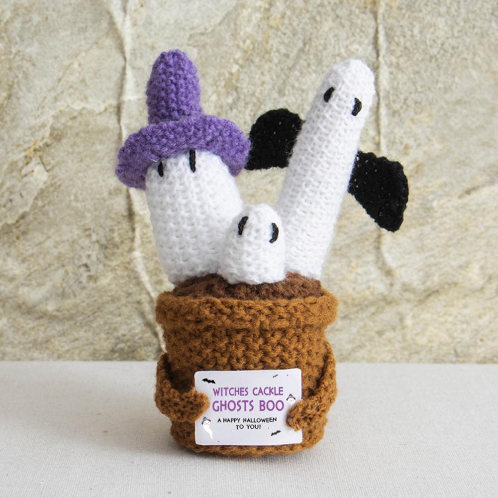 Halloween Knitted Wool Ornaments with Card Crochet Potted Card Doll Ghost Plant Doll for Office Desktop Home Horror Decor
