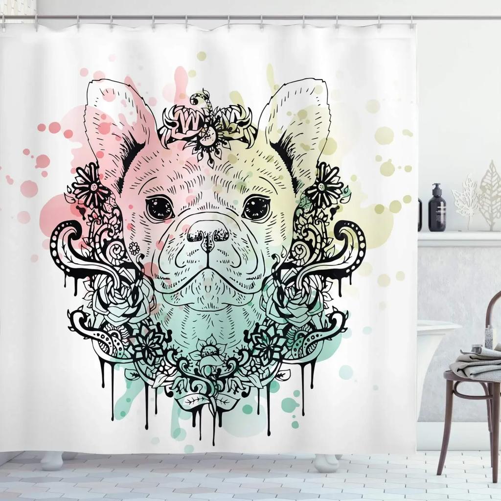 Funny Bulldog Fabric Shower Curtain Bear Deer Cow Forest Animal Vintage Style Polyester Fabric Art Shower Curtain Bathroom Decor