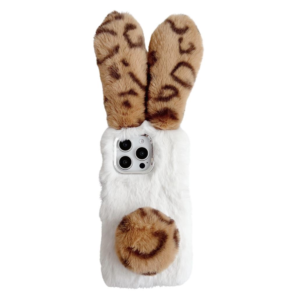 For iPhone 16 Pro Max Case Fluffy Leopard Splicing Bunny Plush TPU Phone Cover