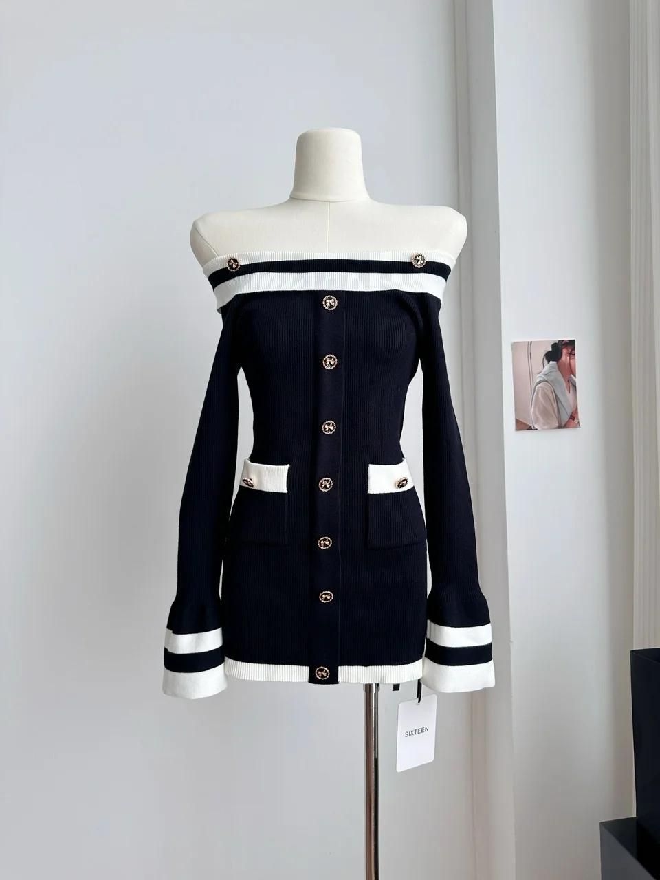 

Осенне-зимнее трикотажное платье женское с длинным рукавом кокетливое цельное платье 2000-х годов эстетика Y2k Gyaru вечернее платье-свитер 2024 S чёрный